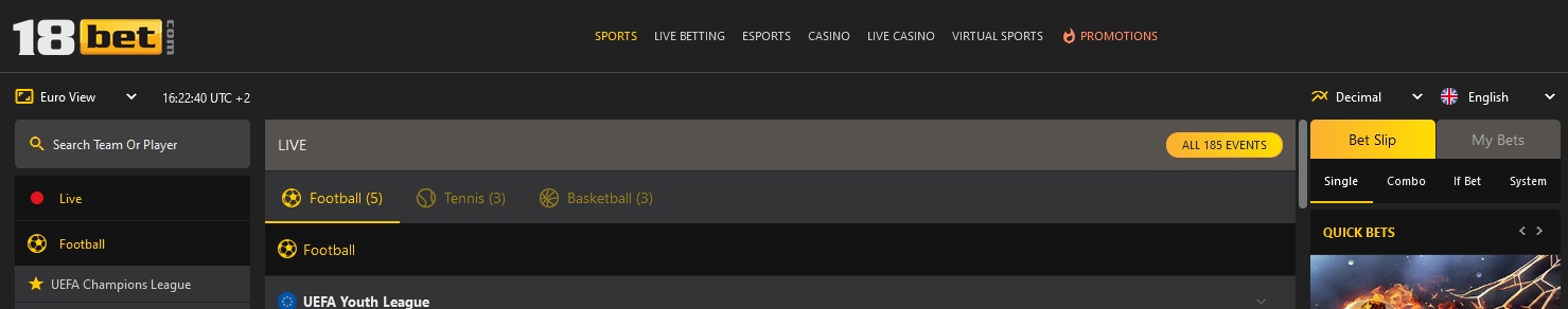 18bet sitesinin üst kısmı