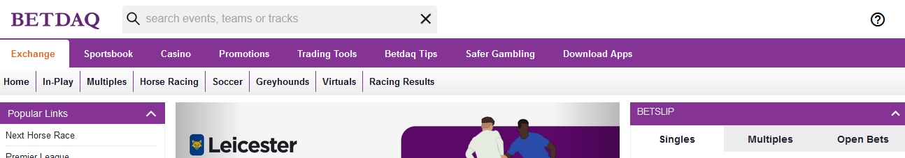 BETDAQ Exchange web sitesinin üst banner'ı