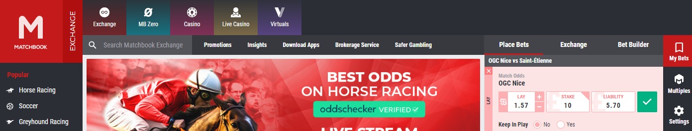Matchbook web sitesinin üst banner'ı